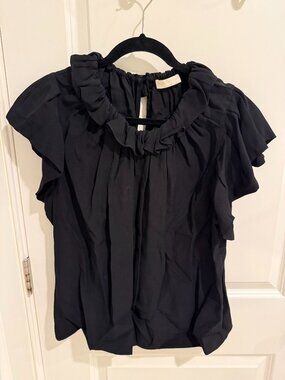 Ulla Johnson Black Ruffle Neckline Flutter Sleeve Blouse Size 8